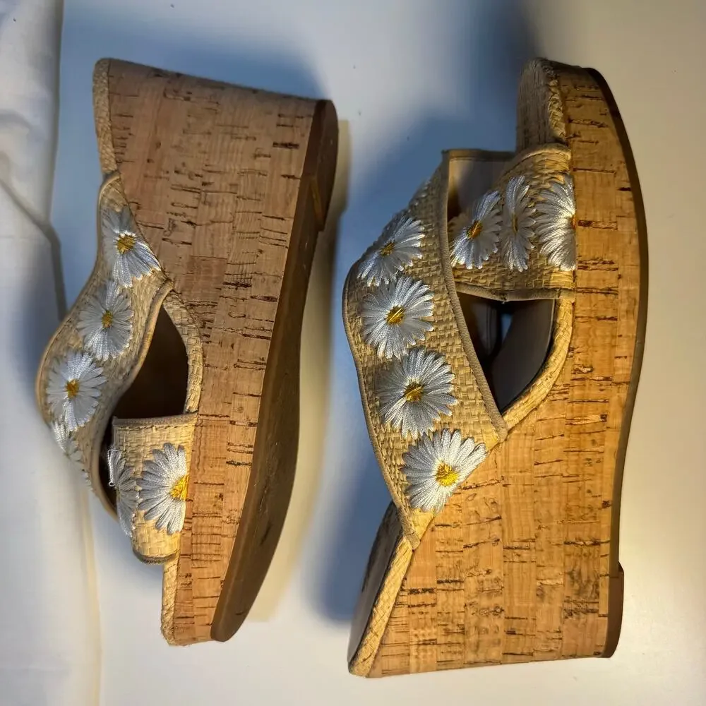 Womens Jessica Simpson Size 6.5 EU 37 Tan Cork Daisy Wedges Slip On JS-Seena A2